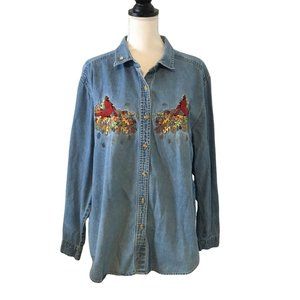 Bobbie Brooks Blue Jean Shirt Womens XL Birds Cardinals Long Sleeve Embroidered